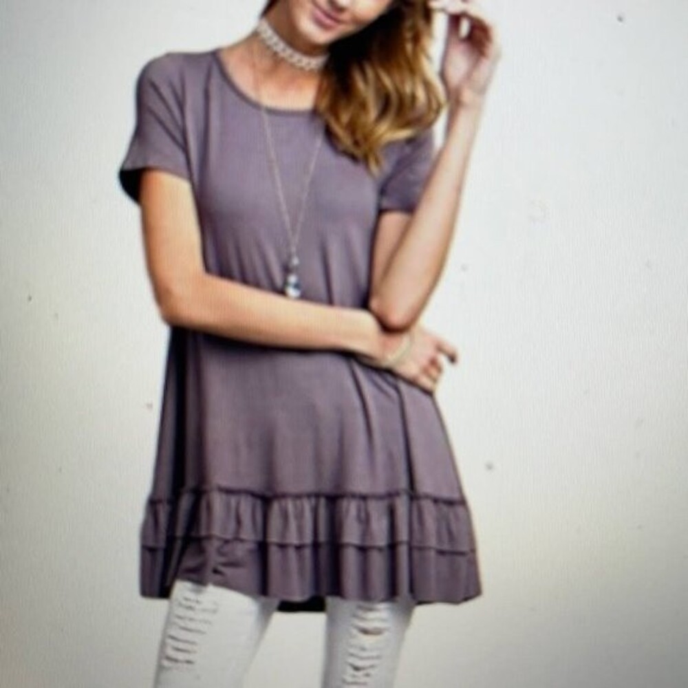 Easel Purple Taupe Short Sleeve Tunic Blouse Double Ruffle Knit Hem Size M